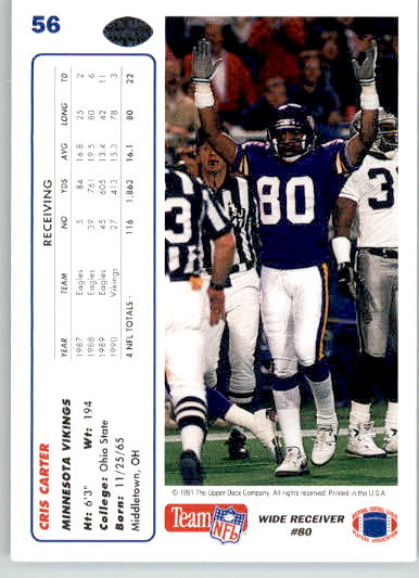 Cris Carter - 1991 Upper Deck - #56 - Football - Image 2