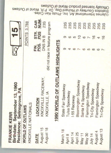 Frankie Kerr - 1990 World of Outlaws - #15 - Racing - Image 2