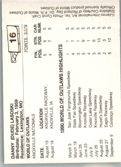 Danny Lasoski - 1990 World of Outlaws - #16 - Racing - Image 2