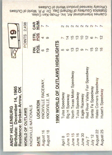 Andy Hillenburg - 1990 World of Outlaws - #19 - Racing - Image 2