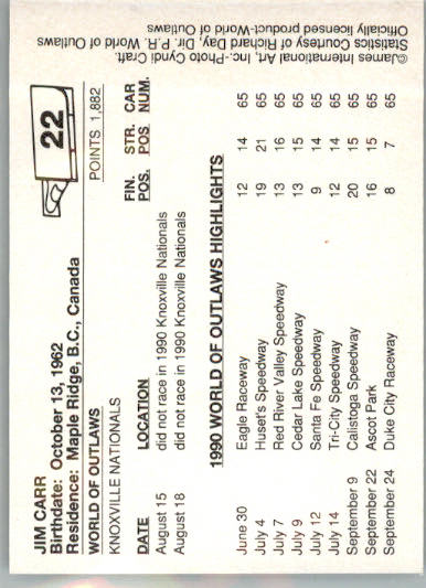 Jimmy Carr - 1990 World of Outlaws - #22 - Racing - Image 2
