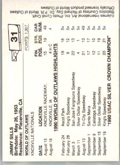 Jimmy Sills - 1990 World of Outlaws - #31 - Racing - Image 2