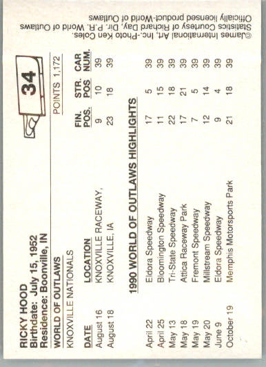 Rickey Hood - 1990 World of Outlaws - #34 - Racing - Image 2