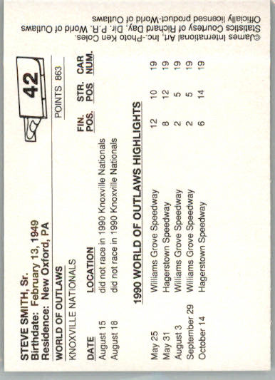 Steve Smith Sr. - 1990 World of Outlaws - #42 - Racing - Image 2