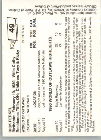 Rick Ferkel - 1990 World of Outlaws - #49 - Racing - Image 2