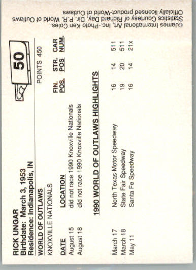 Rick Ungar - 1990 World of Outlaws - #50 - Racing - Image 2