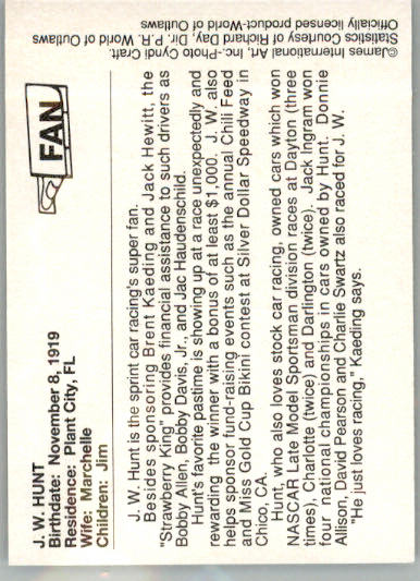 J.W. Hunt - 1990 World of Outlaws - #FAN - Racing - Image 2