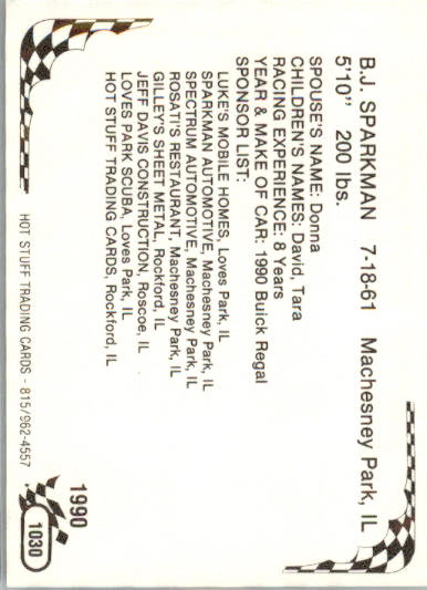 B.J. Sparkman - 1990 Hot Stuff - #1030 - Racing Card - Image 2