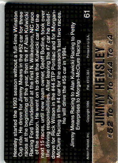 Jimmy Hensley - 1994 Action Packed - #61 - Racing - Image 2