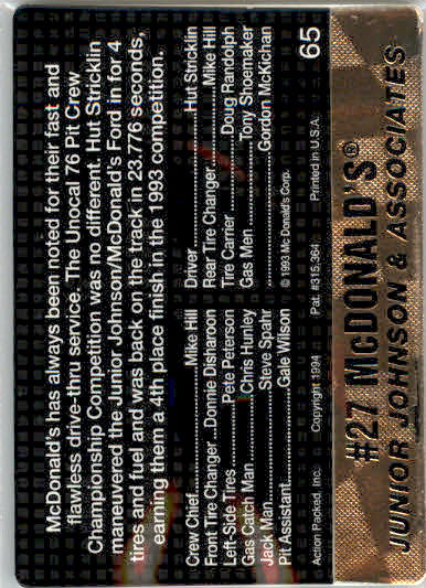 Junior Johnson & Associates - 1994 Action Packed - #65 - Racing - Image 2