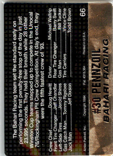 Bahari' Racing - 1994 Action Packed - #66 - Racing - Image 2