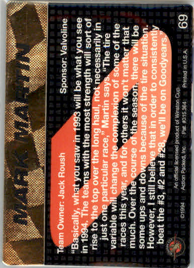 Mark Martin - 1994 Action Packed - #69 - Racing - Image 2