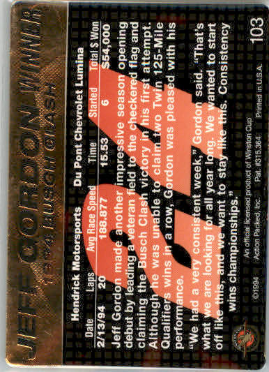 Jeff Gordon - 1994 Action Packed - #103 - Racing - Image 2