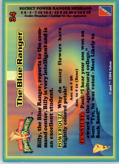 The Blue Ranger - 1994 Collect-A-Card Mighty Morphin Power Rangers - #34 - Image 2