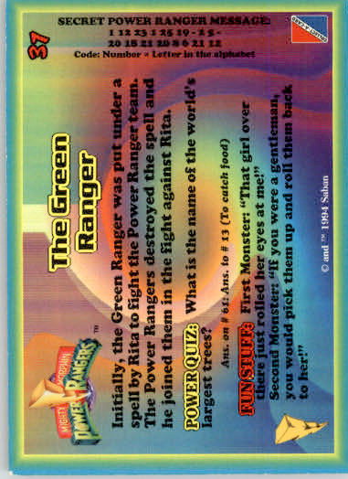 The Green Ranger - 1994 Collect-A-Card Mighty Morphin Power Rangers - #37 - Image 2