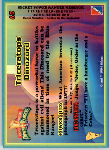 Triceratops Dinozord - 1994 Collect-A-Card Mighty Morphin Power Rangers - #65 - Image 2