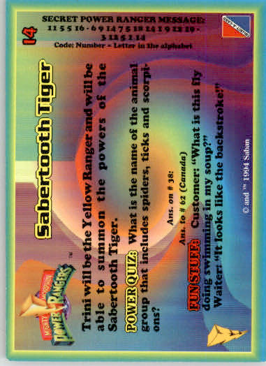 Sabertooth Tiger - 1994 Collect-A-Card Mighty Morphin Power Rangers - #14 - Image 2