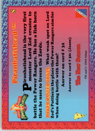 Piranhatishead - 1995 Collect-A-Card Power Rangers The New Season Hobby - #8 - Image 2