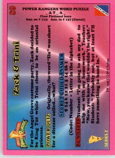 Zack & Trini - 1994 Collect-A-Card Mighty Morphin Power Rangers - #89 - Image 2