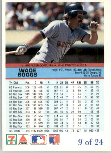 Wade Boggs - 1992 Fleer 7-Eleven/Citgo The Performer - #9 - Baseball - Image 2
