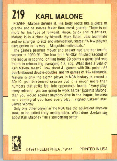 Karl Malone - 1991-92 Fleer - #219a - Basketball - Image 2
