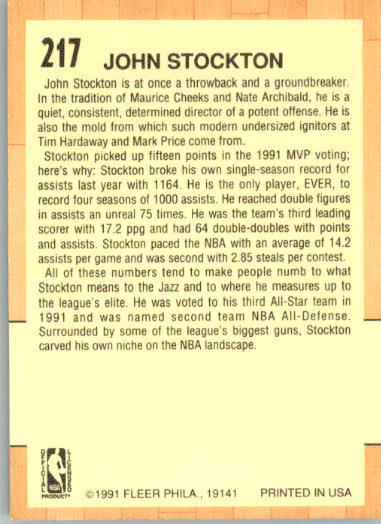 John Stockton - 1991-92 Fleer - #217 - Basketball - Image 2