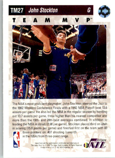 John Stockton - 1992-93 Upper Deck - #TM27 - Team MVPs Basketball - Image 2