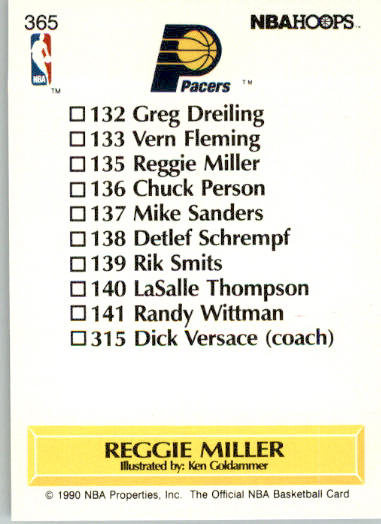 Reggie Miller - 1990-91 Hoops - #365 - Basketball - Image 2